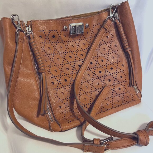 Carlos Santana Stenciled Expandable Faux Leather Boho Camel Shoulder Purse-Adj - Picture 2 of 16